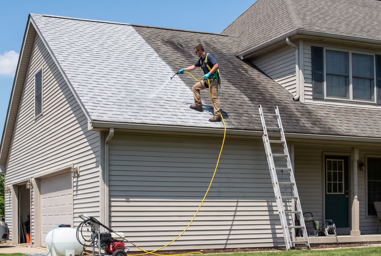 Roof soft wash removing algae